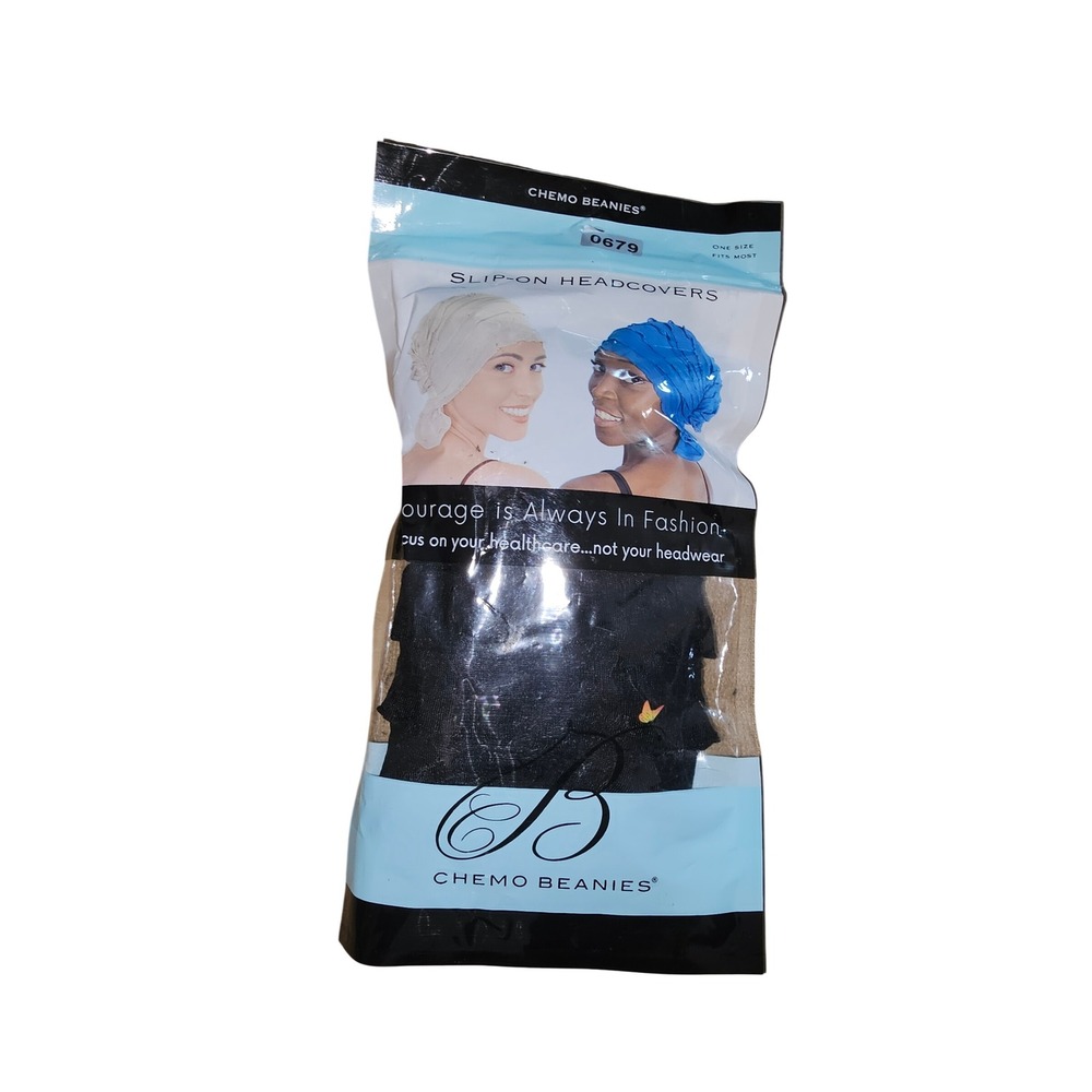 Chemo Beanies Angelle‎ Slip-On Headcover Black Ruffled Turban One Size #679 NEW